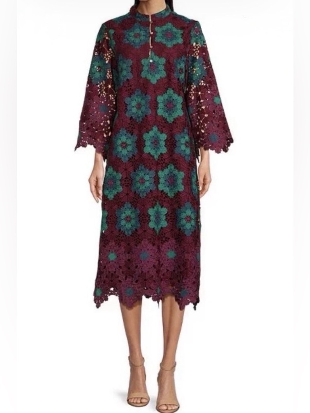 J Marie Women’s 3D Crochet Lace Midi Dress in Burgundy and Teal